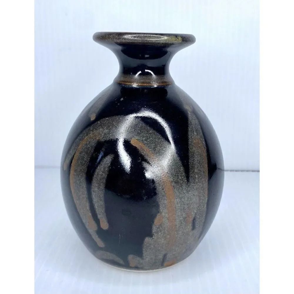 Porcelain Ceramic Hand Made Black Glazed Brown Vase 6”